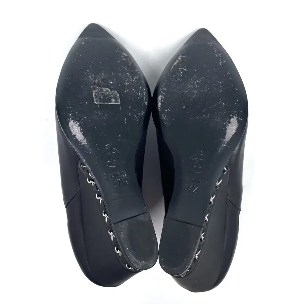 Chanel Wedge Booties Black Leather CC Logo Chain Pointed Ankle‎ Sz 37.5 / 7.5